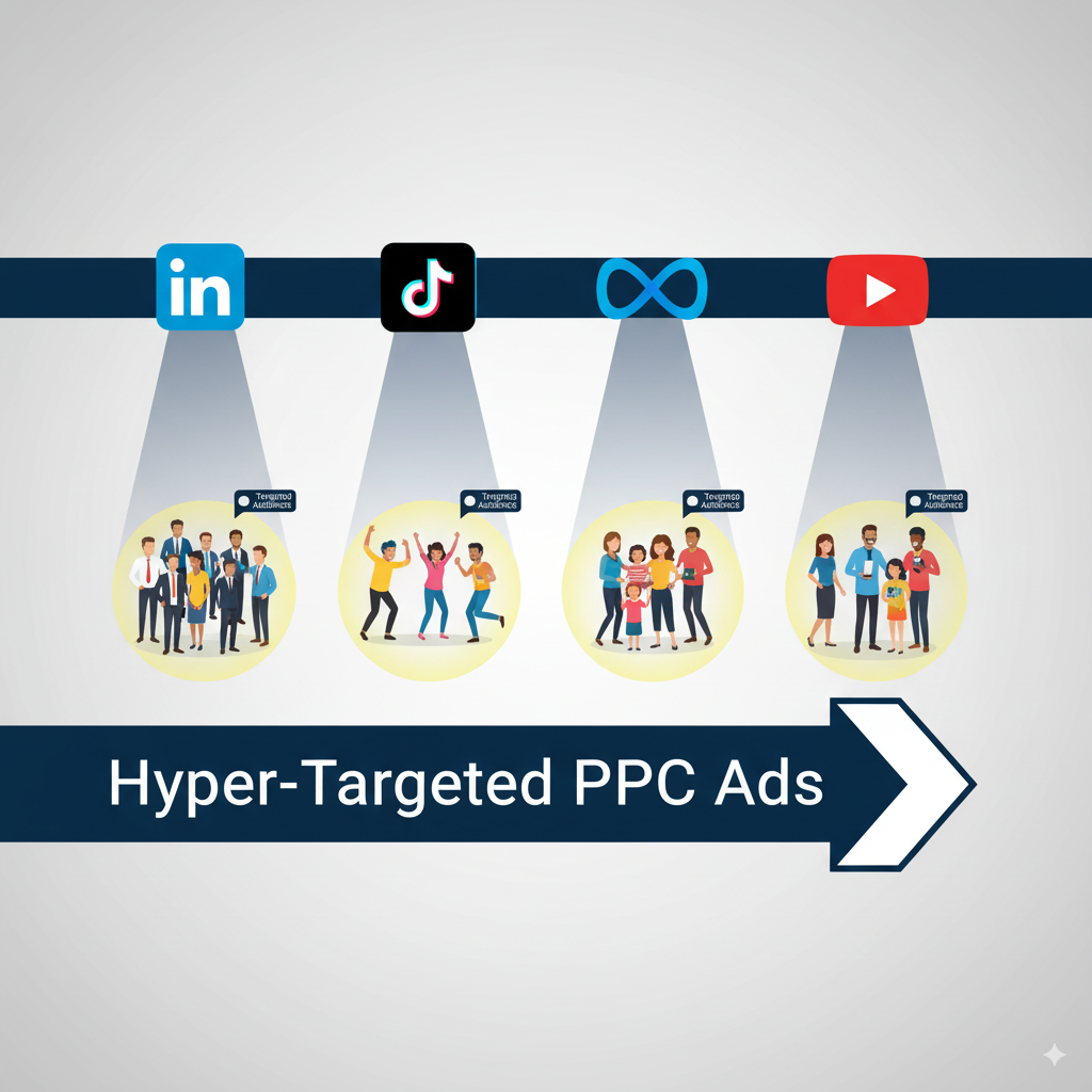 digital artwork showing social media logos Flat digital artwork showing social media logos (LinkedIn, TikTok, Meta, YouTube) with targeted audience groups under spotlights — representing hyper-targeted PPC ads.