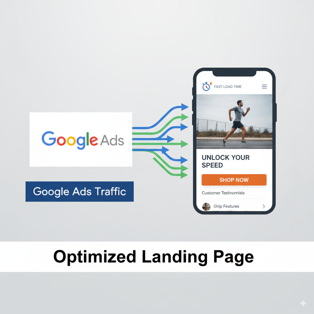 Minimal landing page mockup with a bold CTA button Minimal landing page mockup with a bold CTA button, fast-loading mobile screen, and arrows showing ad traffic flowing from Google Ads into the optimized landing page.