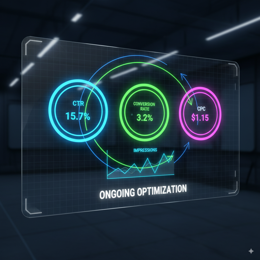futuristic analytics dashboard with metrics like CTR A futuristic analytics dashboard with metrics like CTR, conversion rate, CPC glowing in neon charts — arrows circling around to symbolize ongoing optimization.