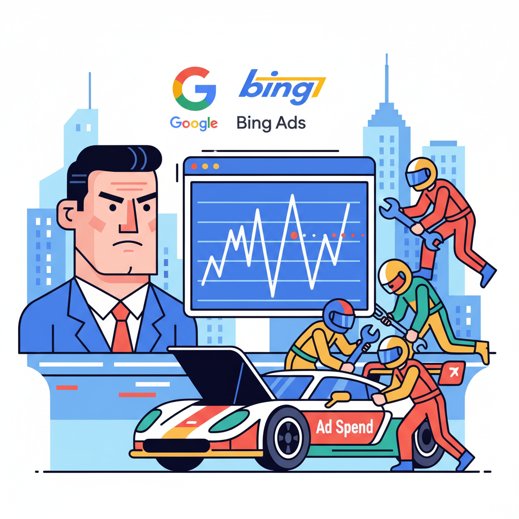 illustration showing a business owner staring at a fluctuating ad A bold flat-style digital illustration showing a business owner staring at a fluctuating ad spend graph with Google Ads and Bing Ads logos.
On the side, a racing car pit crew (symbolizing PPC agencies) fixing a race car with “Ad Spend” written on it.