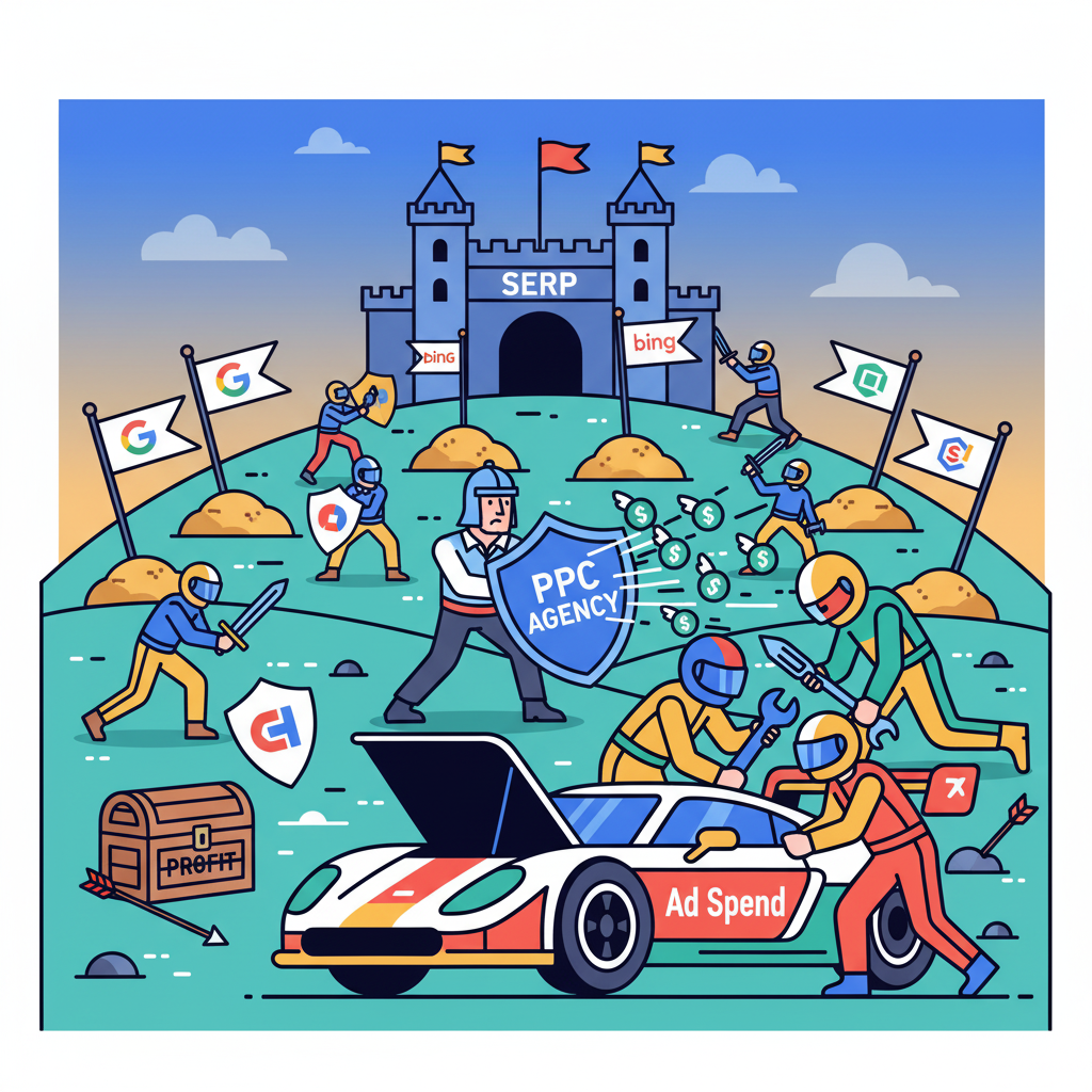 marketer with a shield labeled “PPC Agency” Illustration of a battlefield with ads as flags, companies fighting for SERP space like warriors.
A marketer with a shield labeled “PPC Agency” blocking wasted money flying away.
