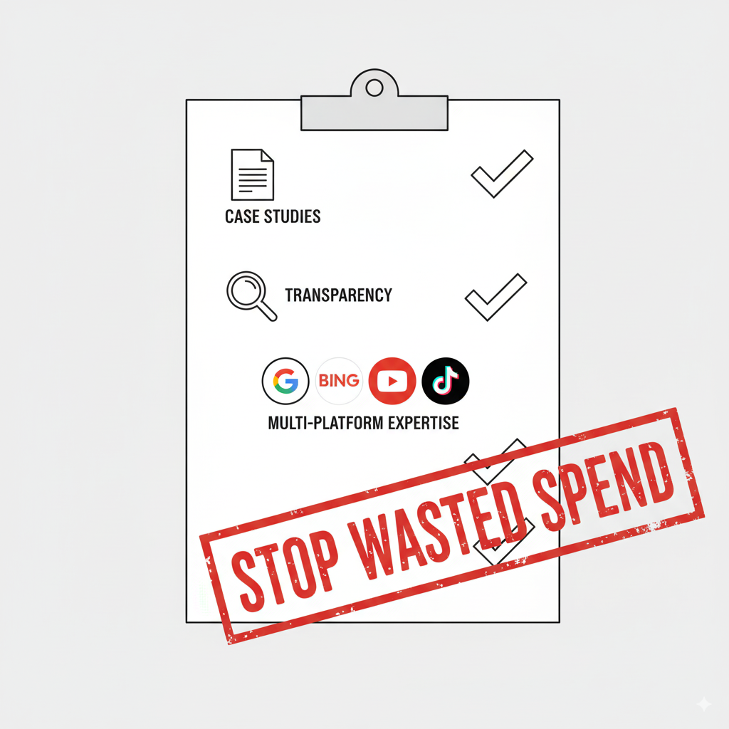 Generated Image September 22, 2025 - 9_17PM Illustration of a checklist with case studies, transparency, multi-platform icons (Google, Microsoft, YouTube, TikTok), and “STOP wasted spend” as red stamp.