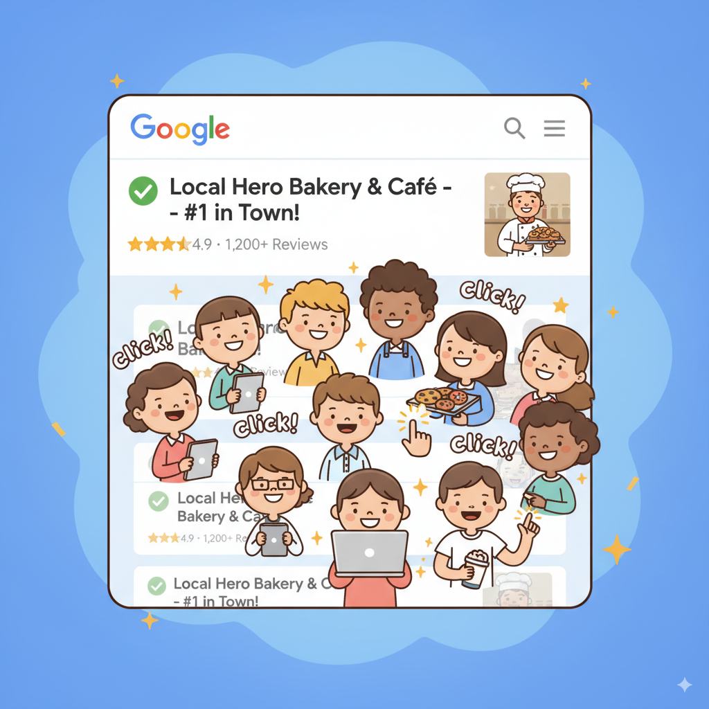 A cartoon-style Google search results page with a small business ranking at the top, surrounded by happy customers clicking.