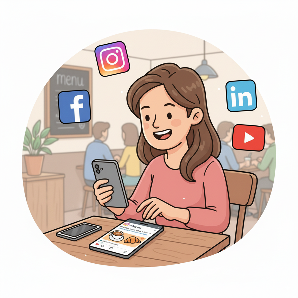 A café owner posting on Instagram with hashtags like #BathUK, while icons of Facebook, Instagram, and LinkedIn float around.