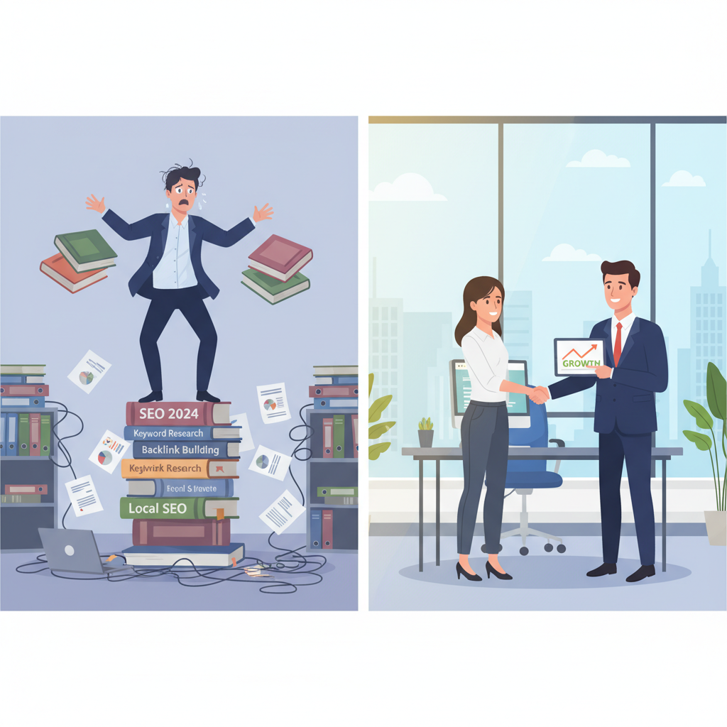 Split-screen: one side a stressed business owner juggling SEO books, on the other a relaxed person shaking hands with an SEO expert.