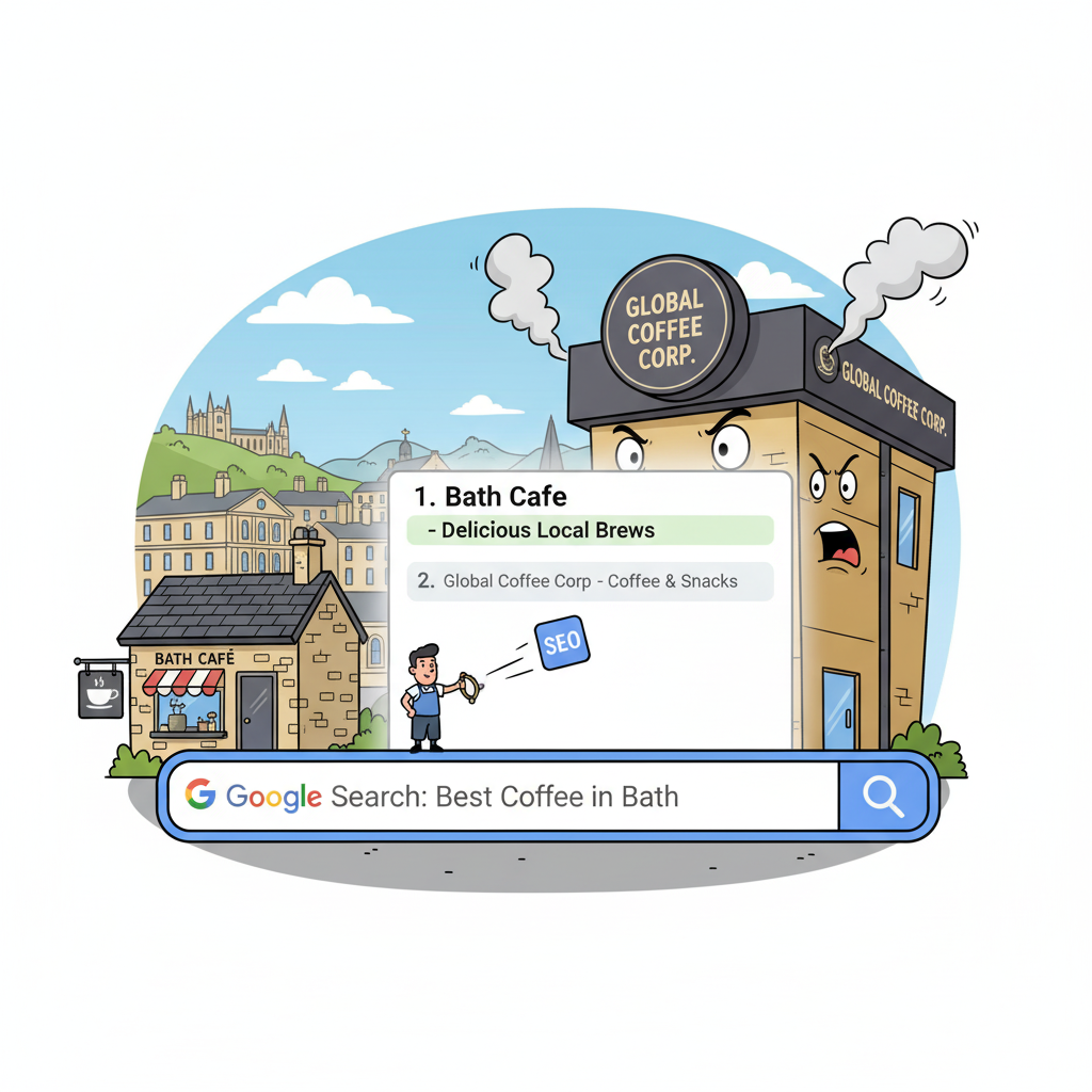 A David vs Goliath-style illustration—small Bath café outranking a giant chain on Google results.