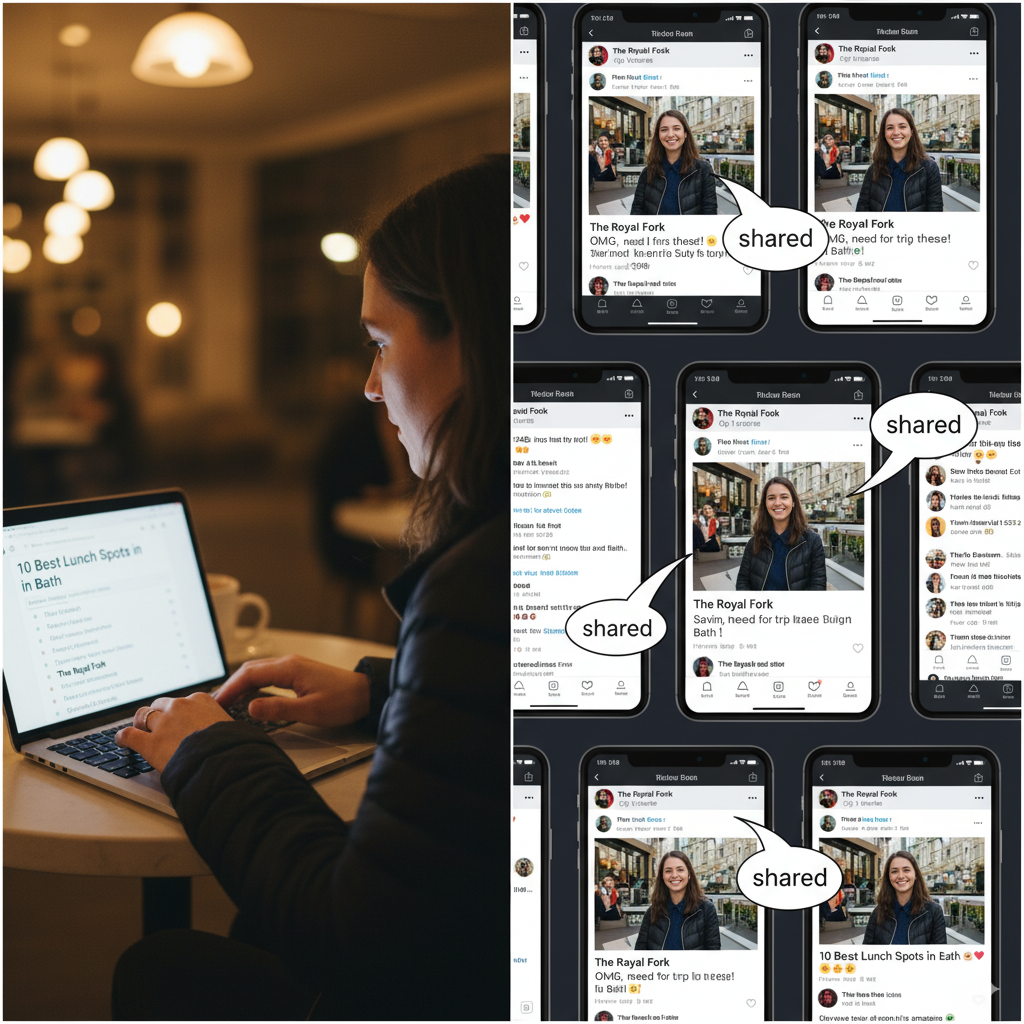 A blogger writing “10 Best Lunch Spots in Bath” on a laptop, with excited readers sharing it on social media.