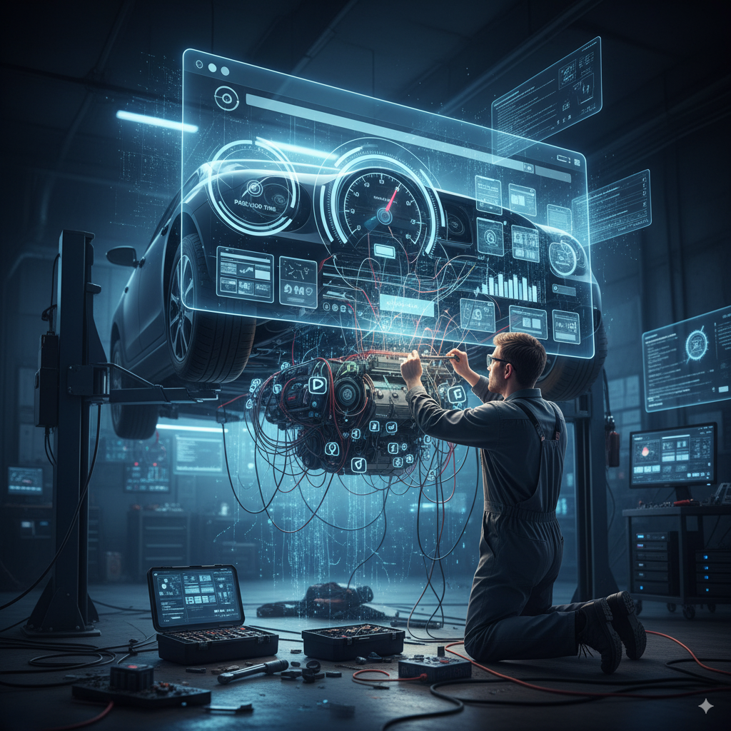 A mechanic working under a website interface like a car, fixing speed meters, mobile screens, and coding icons.