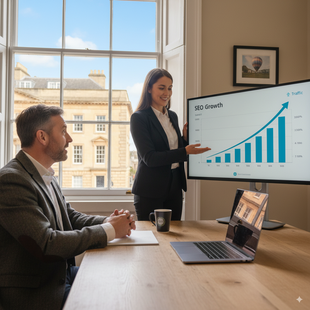 A professional SEO consultant presenting a clear growth chart to a small business owner in Bath.