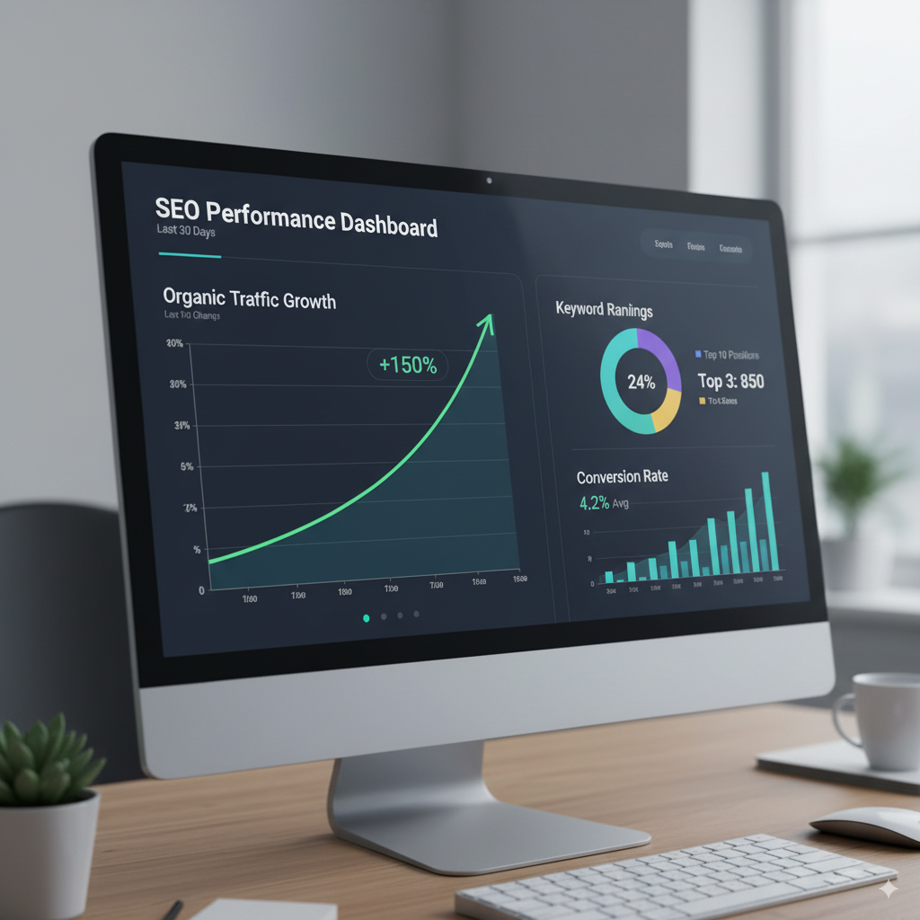 A dashboard screen with colorful graphs, showing traffic growth, keyword rankings, and conversion rates.
