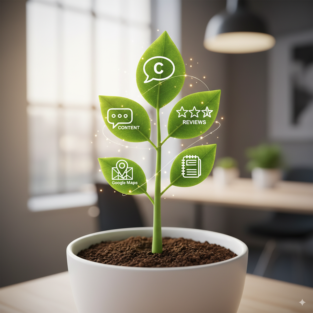 A plant growing steadily, with leaves shaped like SEO icons (content, reviews, Google Maps, blogs).