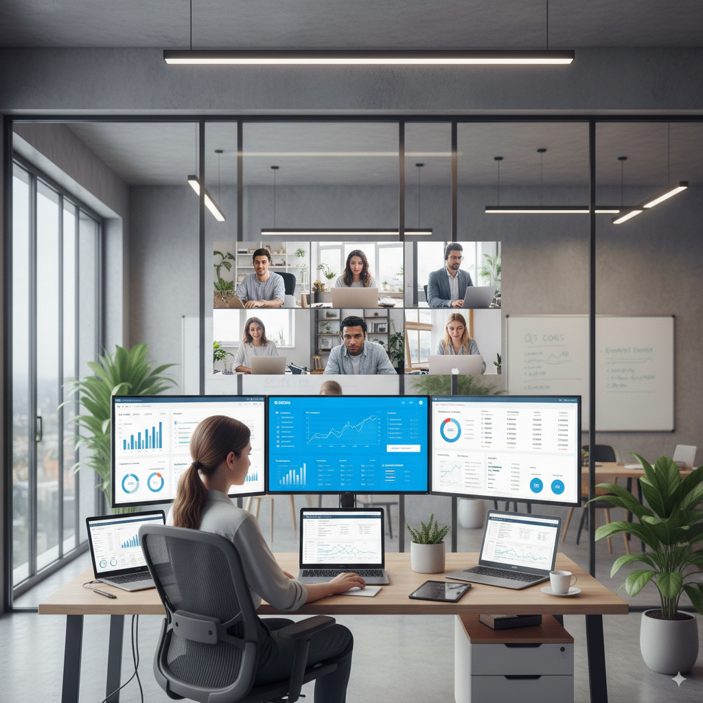 A professional digital marketing scene showing a small agency office, with one person managing multiple SEO dashboards on a large screen, while behind the scenes a team works remotely doing SEO tasks. Modern office, clean design, laptops and charts visible, semi-realistic style."