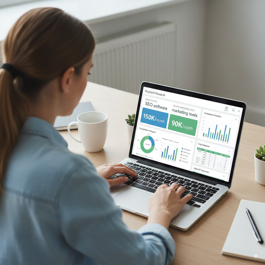 Close-up of a digital marketer analyzing keywords on a laptop with colorful charts and graphs, search volumes highlighted, competitor analysis displayed, focused, modern workspace, realistic lighting, slight top-down perspective