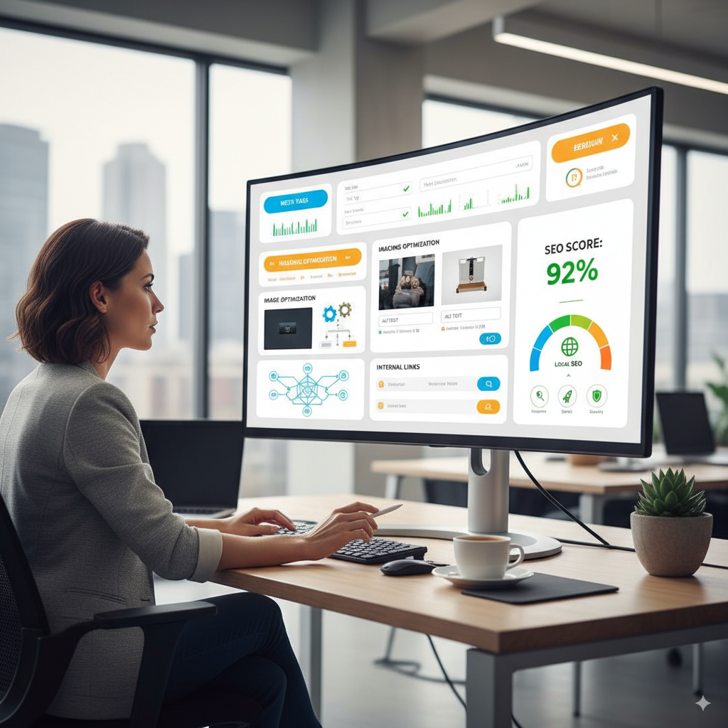 dashboard with meta tags, headings, images, and internal links being optimized by a digital marketer, visual icons representing SEO elements, clean modern interface, bright colors, realistic style.