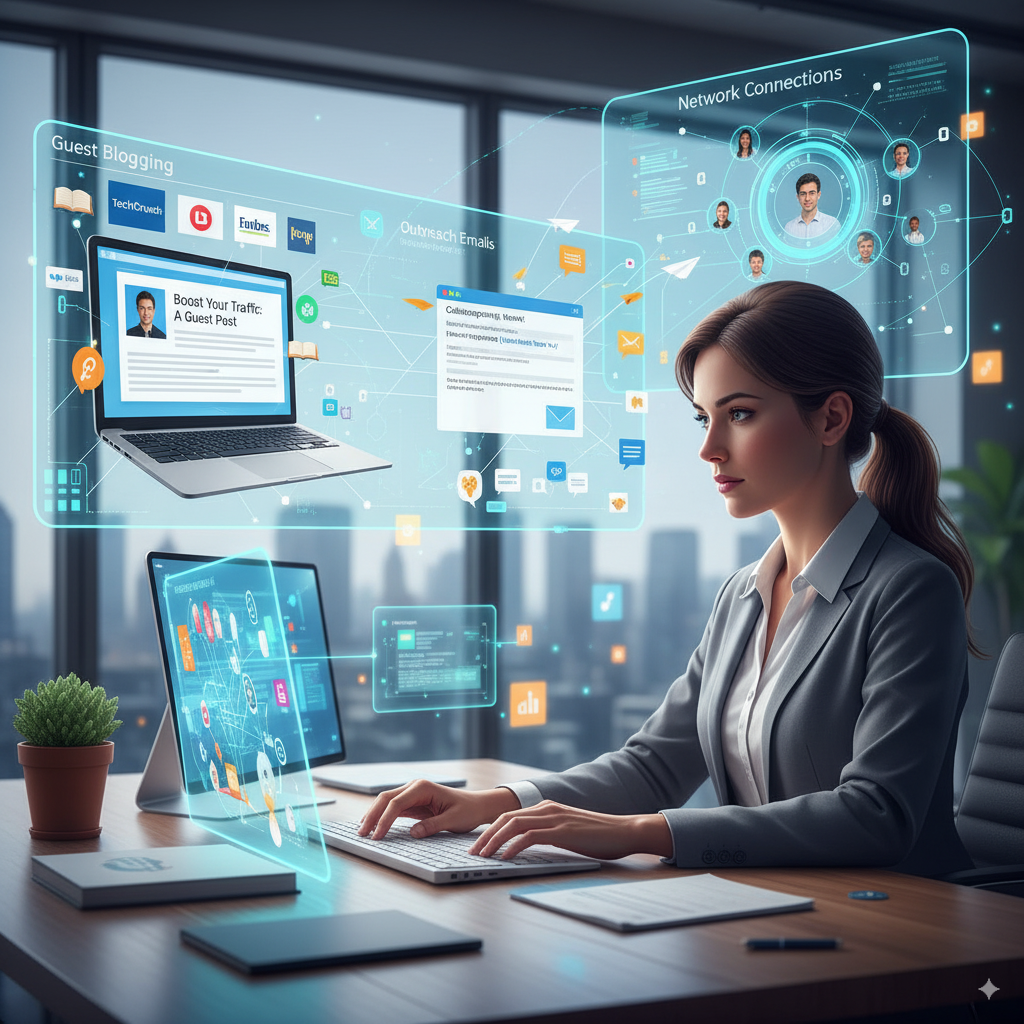 Digital marketer building high-quality backlinks, showing guest blogging, outreach emails, and network connections, illustration of links connecting websites, professional modern style, realistic but visually engaging.
