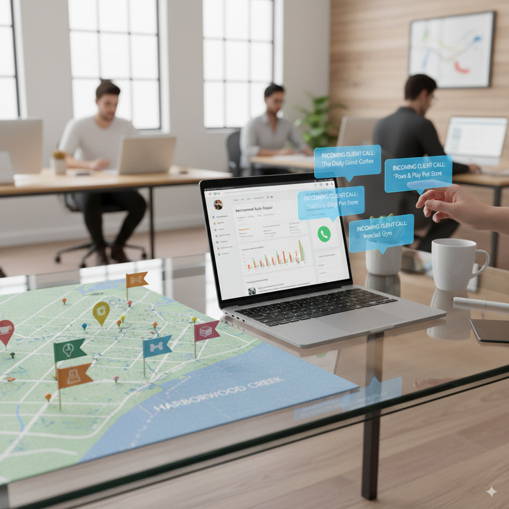 generate image [Map of a city with pins on local businesses, a laptop showing Google My Business dashboard, notifications of incoming client calls, realistic, modern digital marketing office vibe, bright and professional.