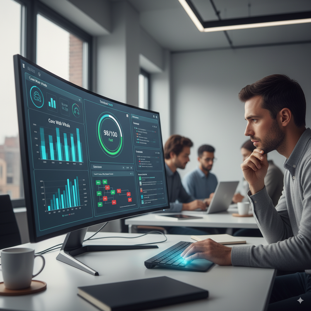 Technical SEO workflow on a large monitor with Core Web Vitals charts, site speed test, sitemaps, and crawl errors highlighted, a focused digital marketer analyzing data, realistic office environment, slightly futuristic UI elements.