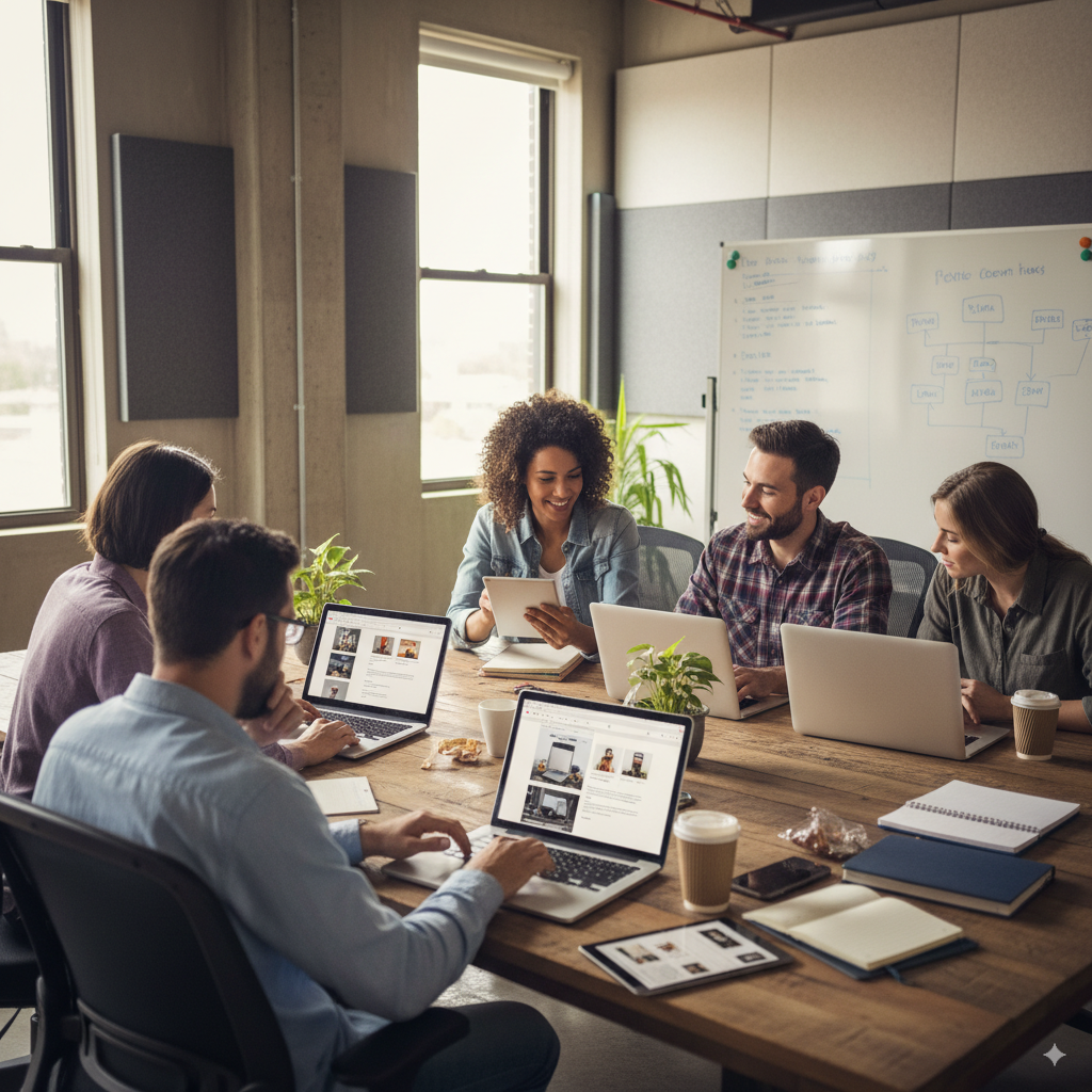 Creative team writing blogs, landing pages, and product descriptions, laptops and tablets with text editing software open, realistic and natural setting, modern office, collaborative atmosphere, soft lighting.