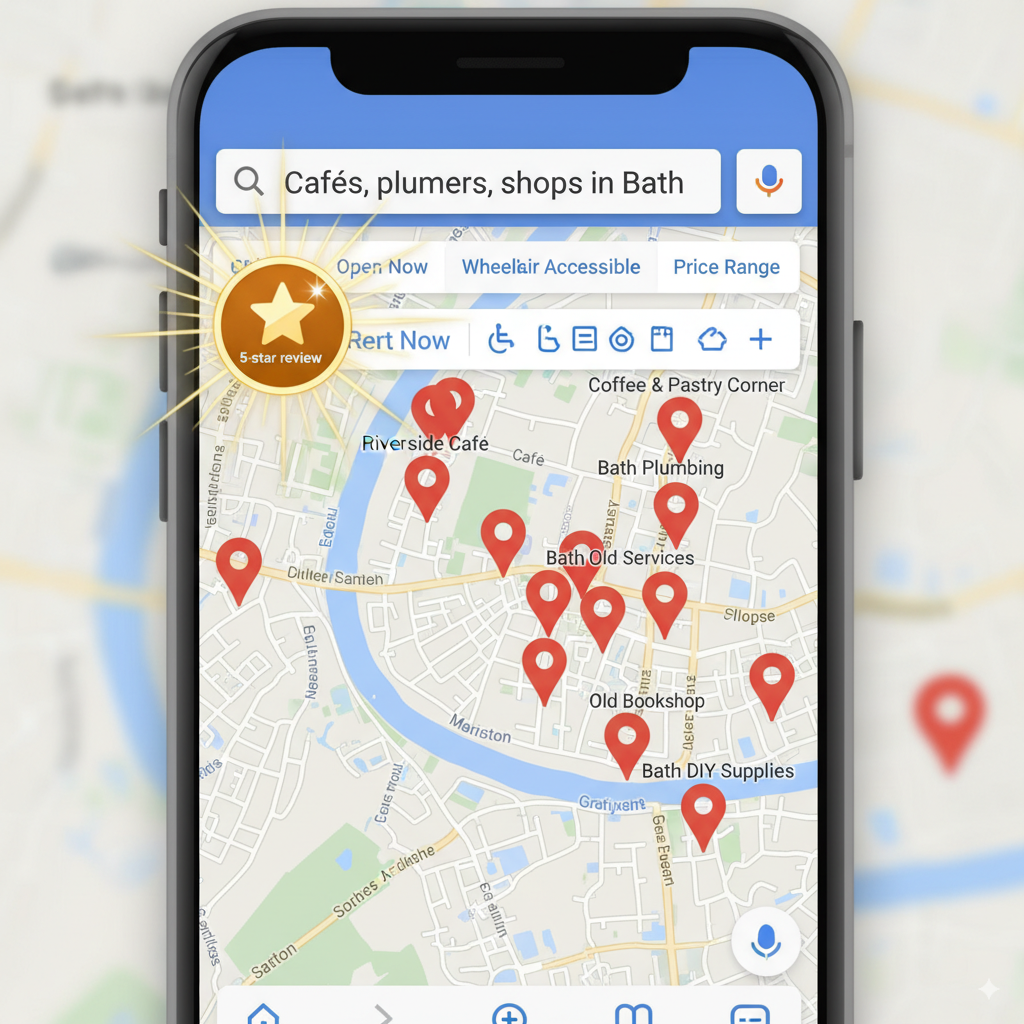 A Google Maps interface showing pins for local cafés, plumbers, and shops in Bath, with glowing highlights around a “5-star review” badge.