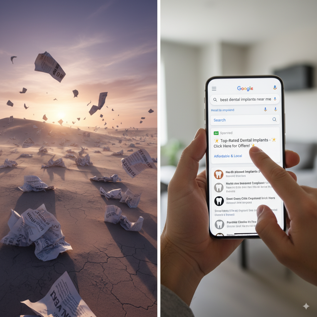 wasted flyers blowing in a desert split-screen: one side showing wasted flyers blowing in a desert, the other showing a phone with a Google search “best dental implants near me” and an ad at the top being clicked.