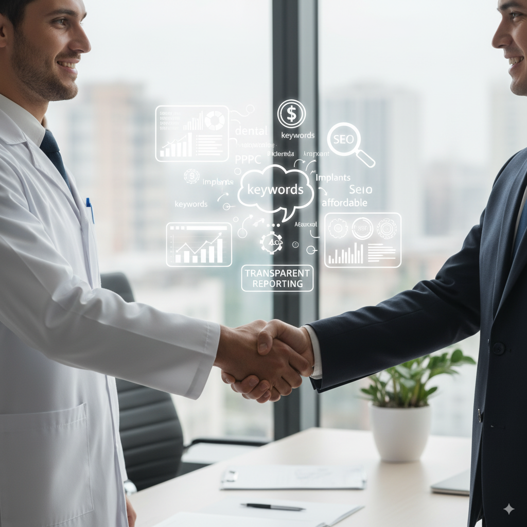 dentist shaking hands with a professional marketing consultant A dentist shaking hands with a professional marketing consultant, with floating icons of SEO, PPC, keywords, and transparent reporting dashboards.