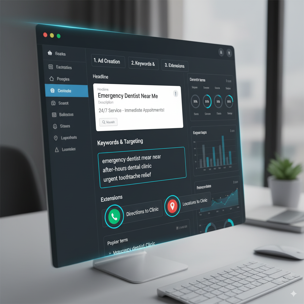 digital marketing dashboard open with ad creation steps A digital marketing dashboard open with ad creation steps, keywords like “emergency dentist near me,” and ad extensions (call button, location pin) highlighted.