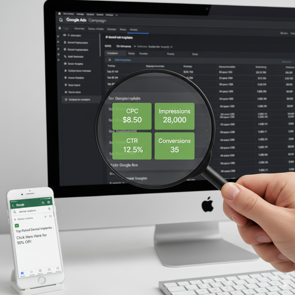 magnifying glass over a Google Ads dashboard A magnifying glass over a Google Ads dashboard with highlighted: CPC, CTR, conversions, and a mobile phone showing a dental ad at the top search result.