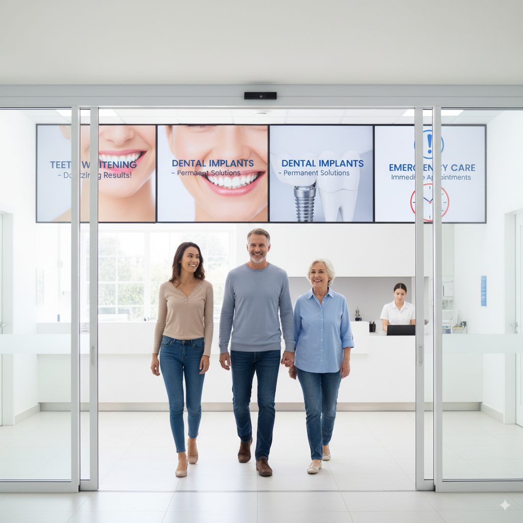 Patients walking into a dental clinic Patients walking into a dental clinic with digital ad banners in the background, showing “teeth whitening,” “dental implants,” and “emergency care” offers.