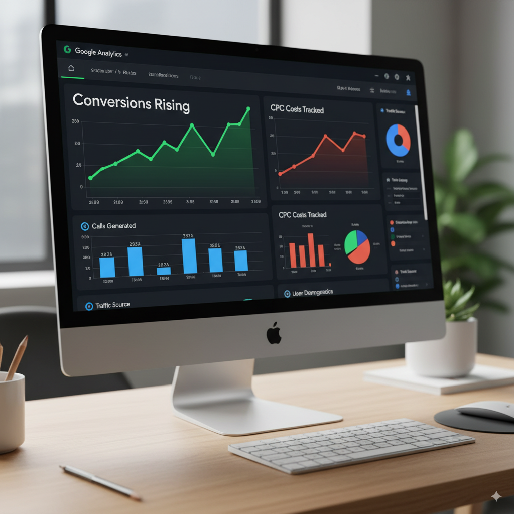 computer screen displaying Google Analytics A computer screen displaying Google Analytics with colorful graphs: conversions rising, calls generated, and CPC costs tracked.