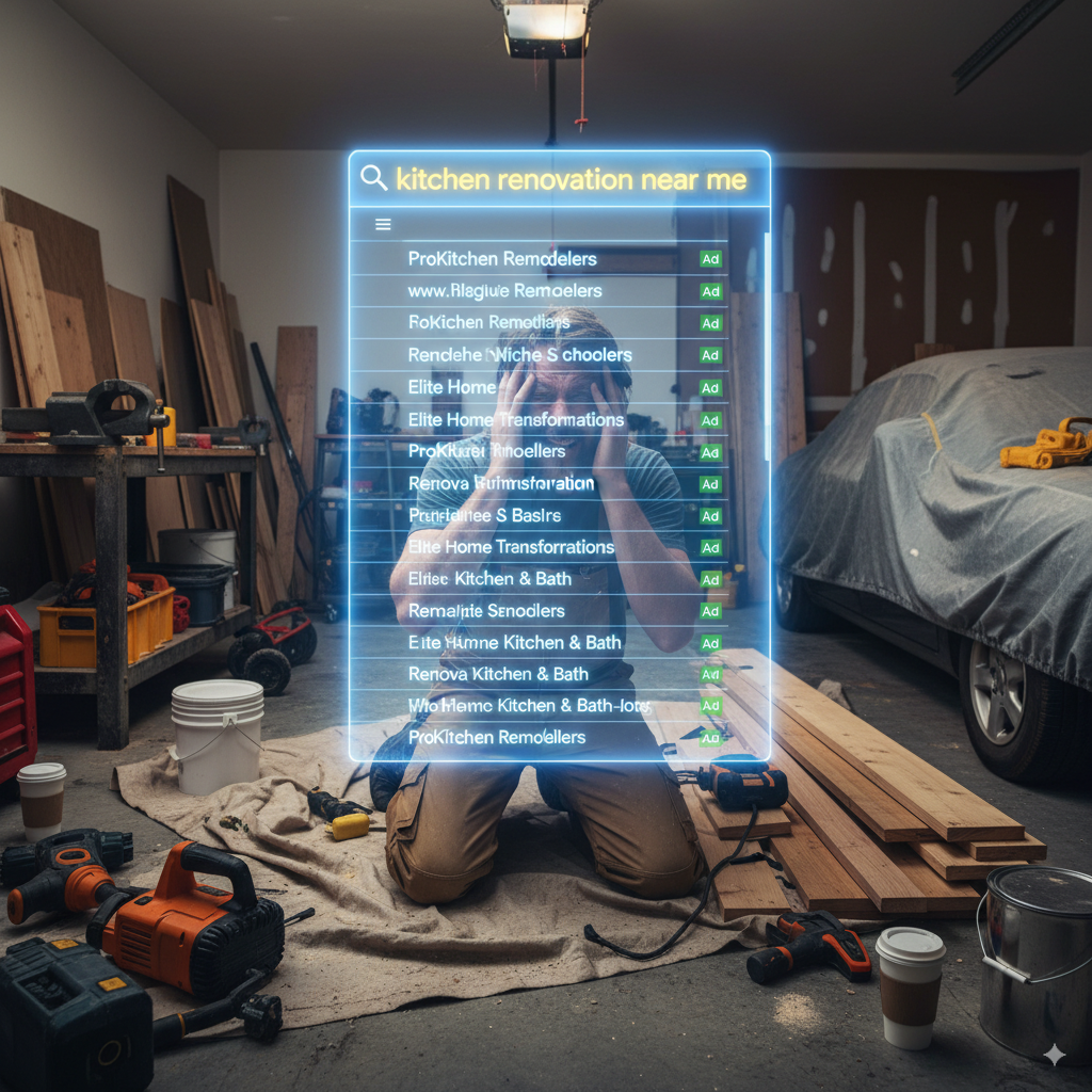 frustrated remodeler hiding in a garage A frustrated remodeler hiding in a garage while competitors appear on Google search results, with keywords like “kitchen renovation near me” glowing at the top.