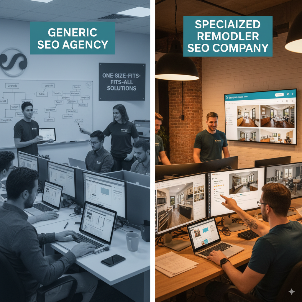 generic SEO agency offering cookie-cutter templates A split image: one side showing a generic SEO agency offering cookie-cutter templates, the other side showing a specialized remodeler SEO company optimizing before/after project photos and Google listings.