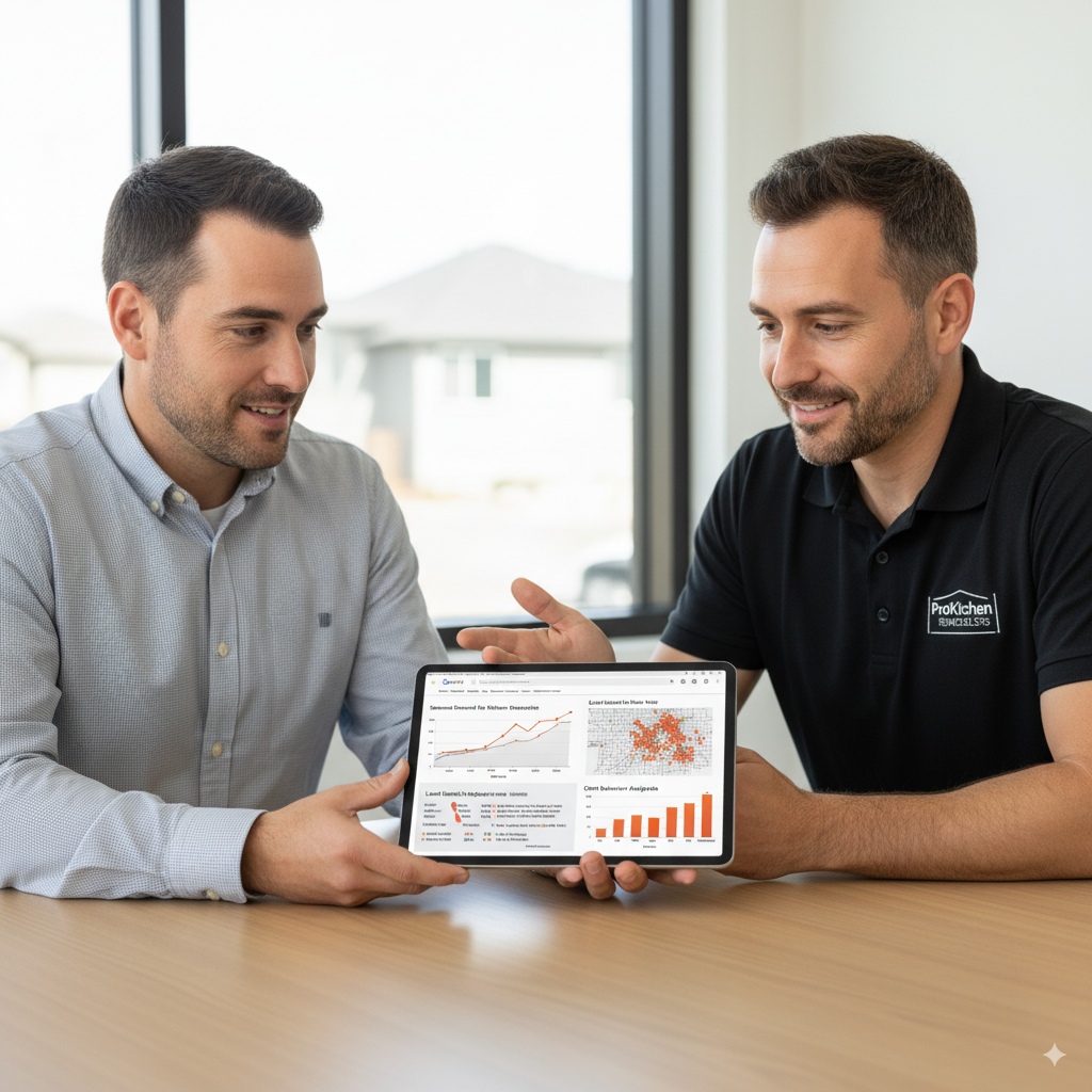 SEO consultant showing a remodeler industry-specific insights An SEO consultant showing a remodeler industry-specific insights, with charts of seasonal demand, local search maps, and client behavior graphs on a tablet.