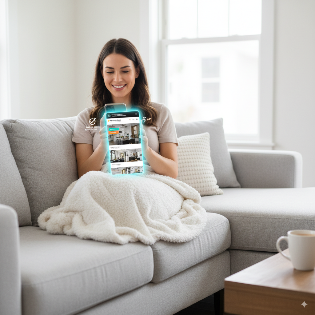 person lounging on a couch browsing remodeling services on a mobile phone A person lounging on a couch browsing remodeling services on a mobile phone, with a fast-loading responsive website highlighted in bright colors.