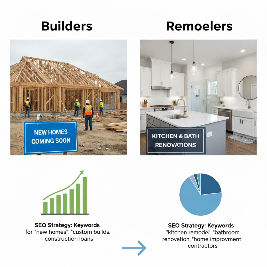 distinct SEO strategies visualized as charts A split scene: one showing a new home construction site labeled “Builders,” and another showing a remodeled kitchen and bathroom labeled “Remodelers,” with distinct SEO strategies visualized as charts.