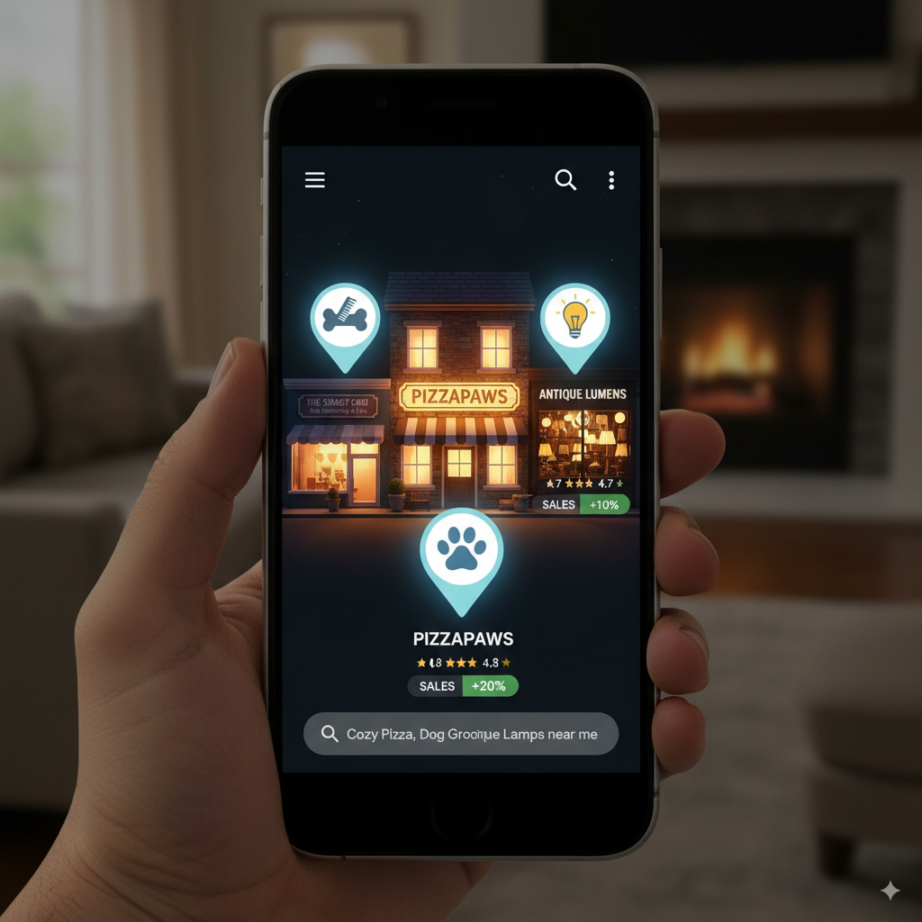 cozy pizza shop, dog grooming salon, and antique lamp store glowing on a Google Maps A cozy pizza shop, dog grooming salon, and antique lamp store glowing on a Google Maps interface with pins, star ratings, and upward arrows showing sales growth.