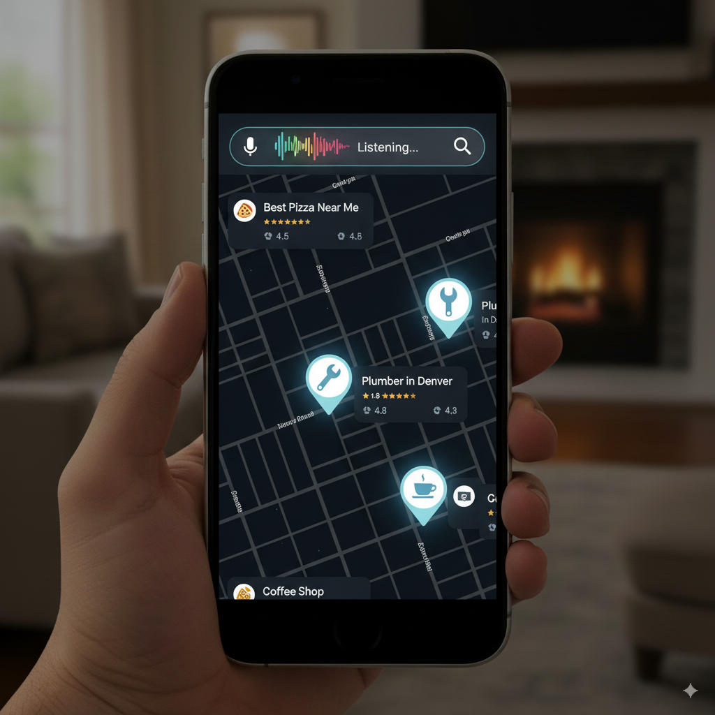 martphone screen showing voice search results A smartphone screen showing voice search results like “best pizza near me” and “plumber in Denver,” with a glowing Google search bar and location pins.