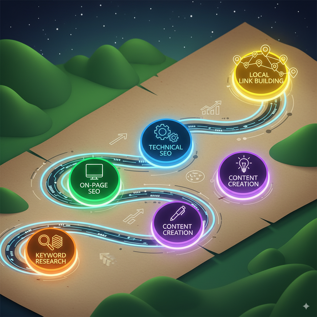 roadmap illustration showing keyword research etc A roadmap illustration showing keyword research, on-page SEO, technical SEO, content creation, and local link building as milestones along the path.