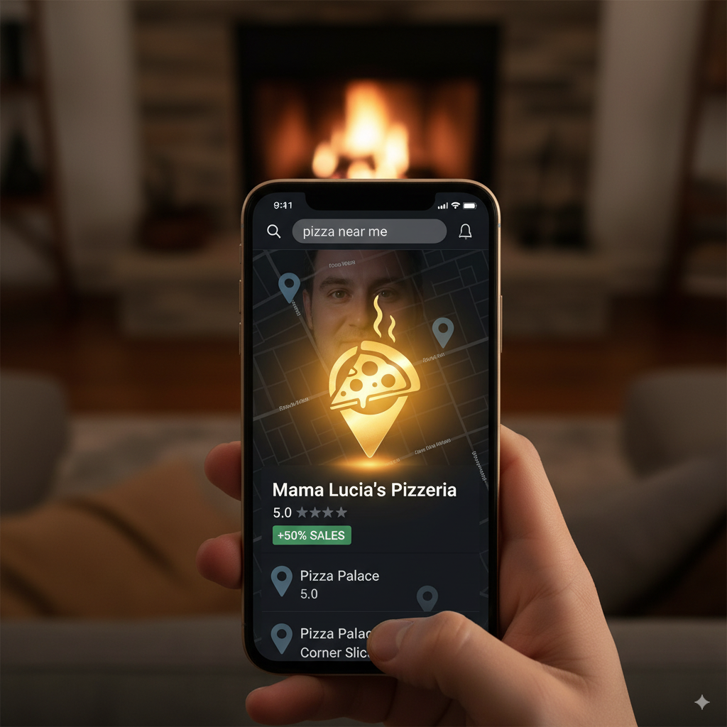 hungry customer typing “pizza near me” on their phone A hungry customer typing “pizza near me” on their phone, with the first search result glowing brightly like a golden opportunity.