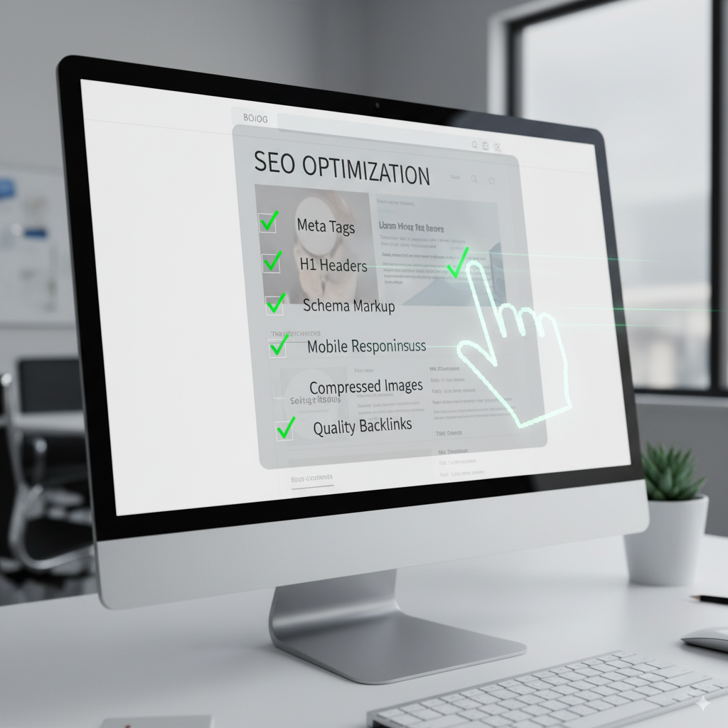 checklist with items A checklist with items like “meta tags,” “H1 headers,” “schema markup,” and “compressed images” being checked off on a website design.