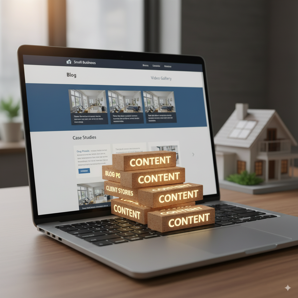 small business website showing blogs A small business website showing blogs, case studies, and videos, with bricks labeled “content” being stacked to build a strong foundation.