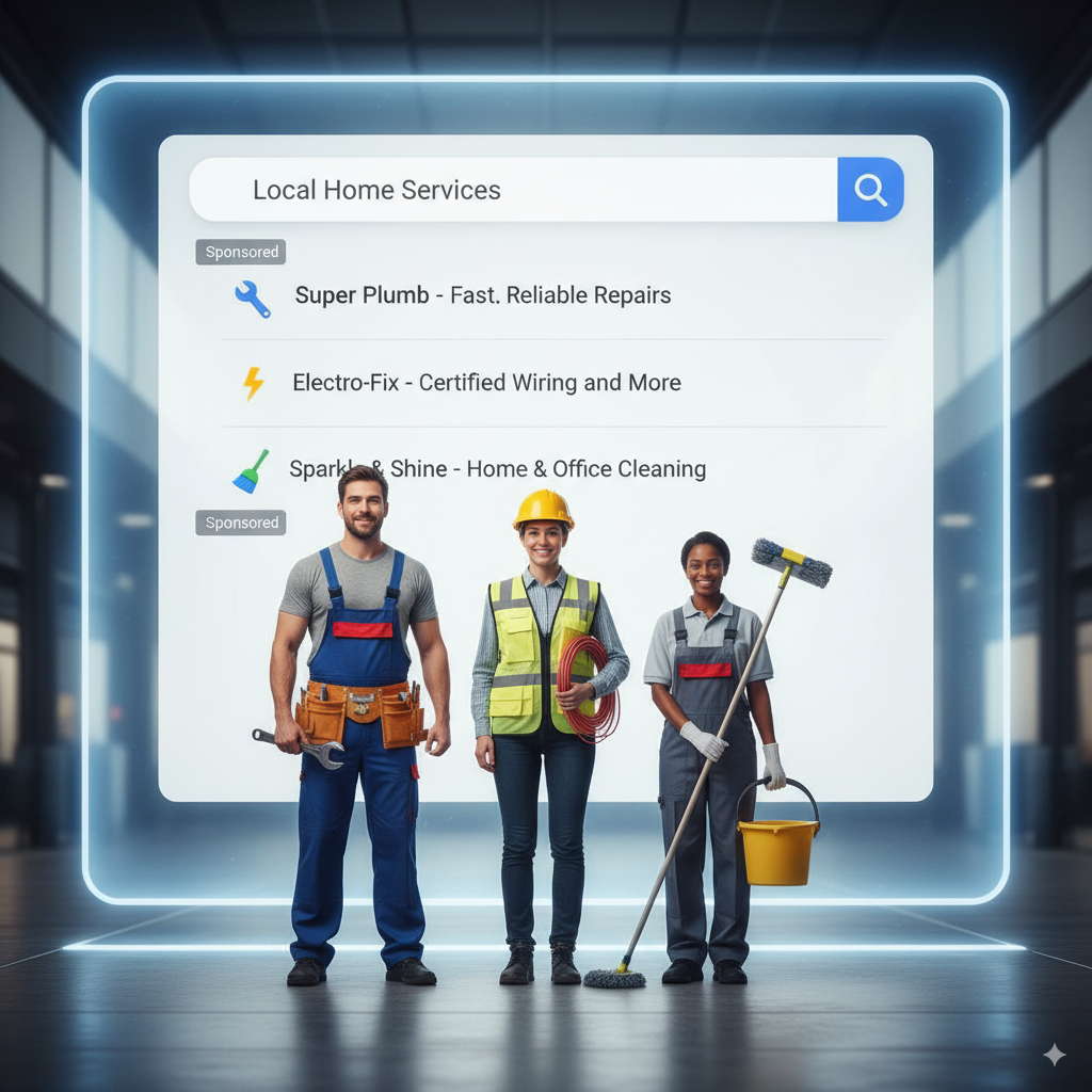 plumber, electrician, and cleaner standing in front of a glowing Google search page A plumber, electrician, and cleaner standing in front of a glowing Google search page, where their ads appear at the top with the text “sponsored.”