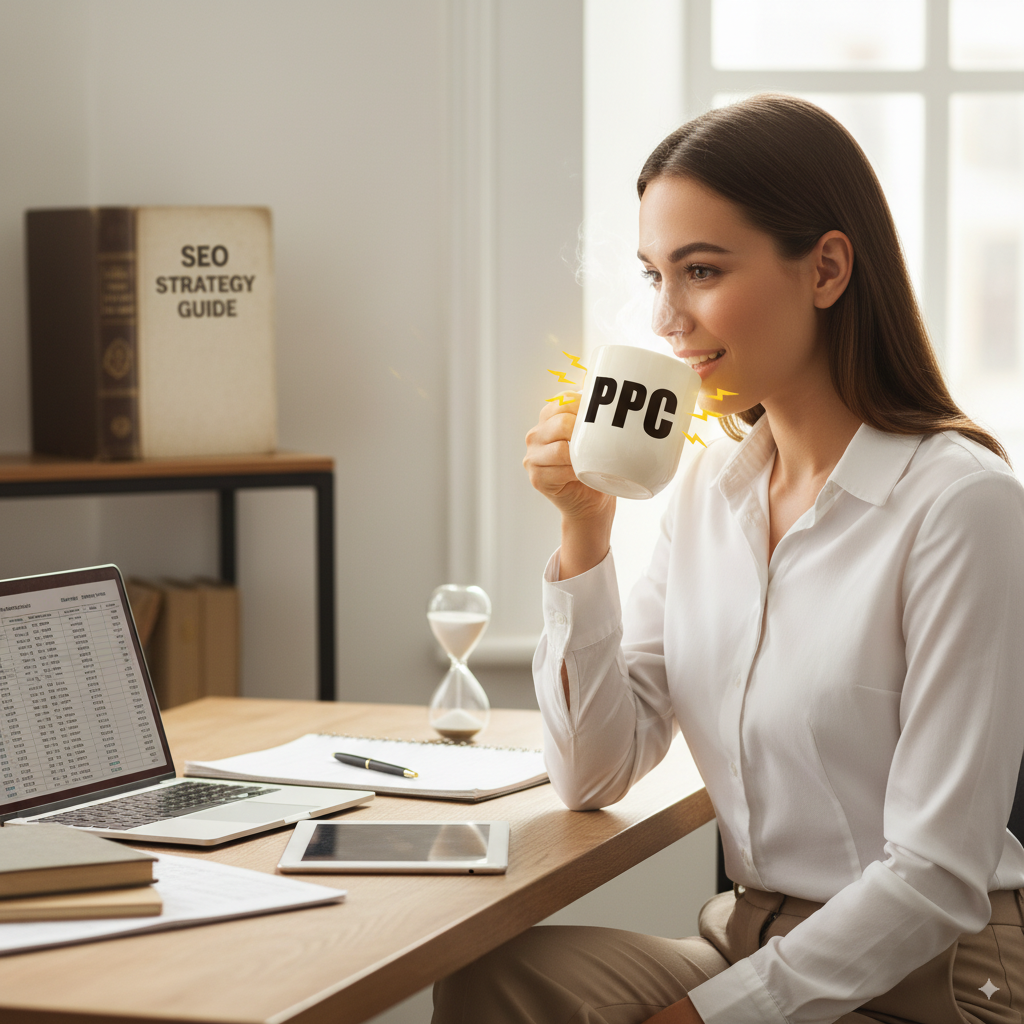 cup of coffee labeled “PPC” energizing a business owner A cup of coffee labeled “PPC” energizing a business owner while an SEO strategy book sits in the background, symbolizing PPC as instant fuel.
