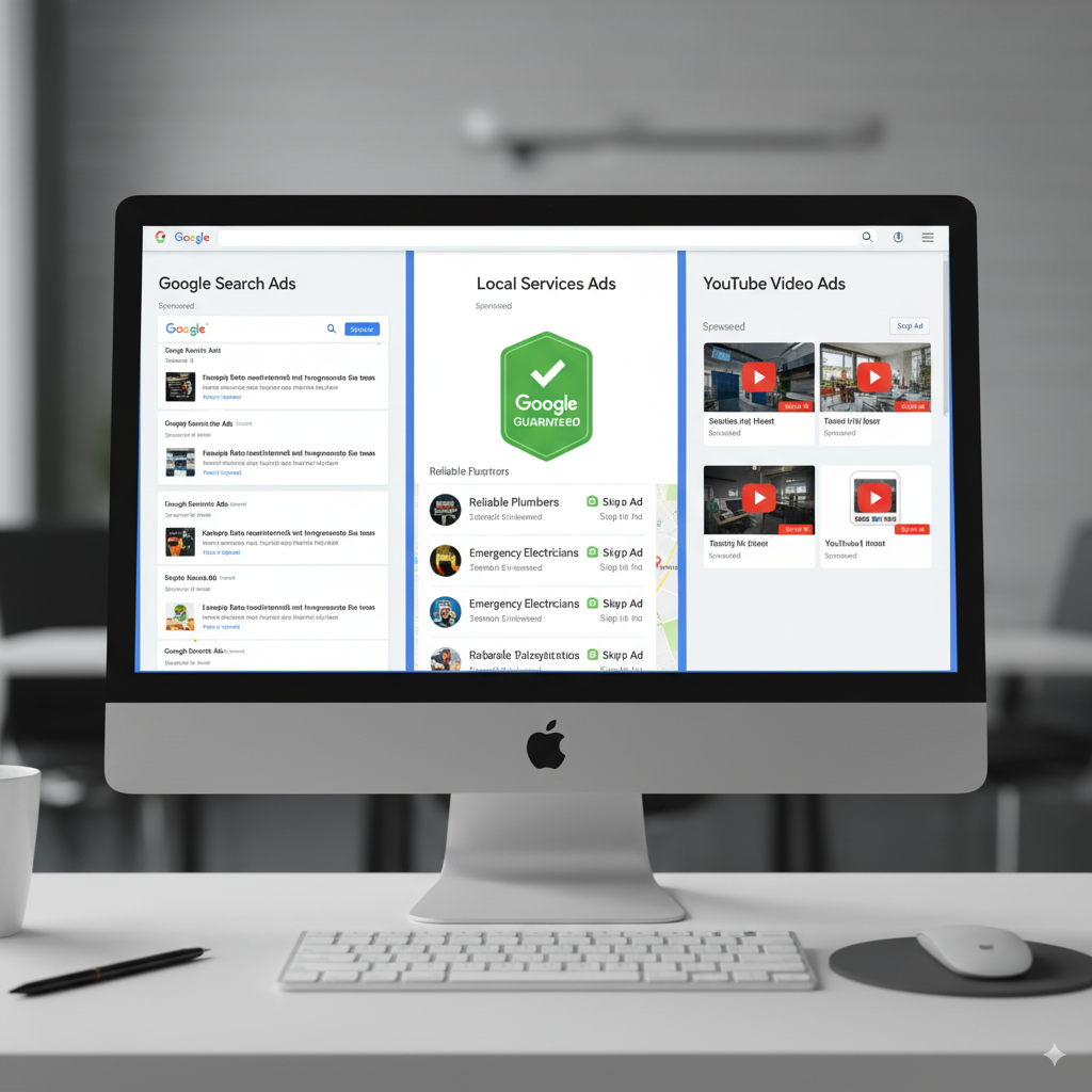 computer screen showing Google Search Ads A computer screen showing Google Search Ads, Local Services Ads with a green Google Guaranteed badge, and YouTube video ads lined up together.