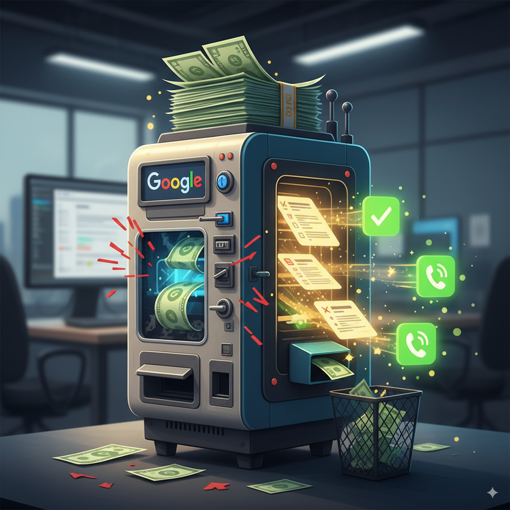 stack of dollar bills flying into a Google Ads machine A stack of dollar bills flying into a Google Ads machine, with some bills wasted and others turning into glowing leads and phone calls.