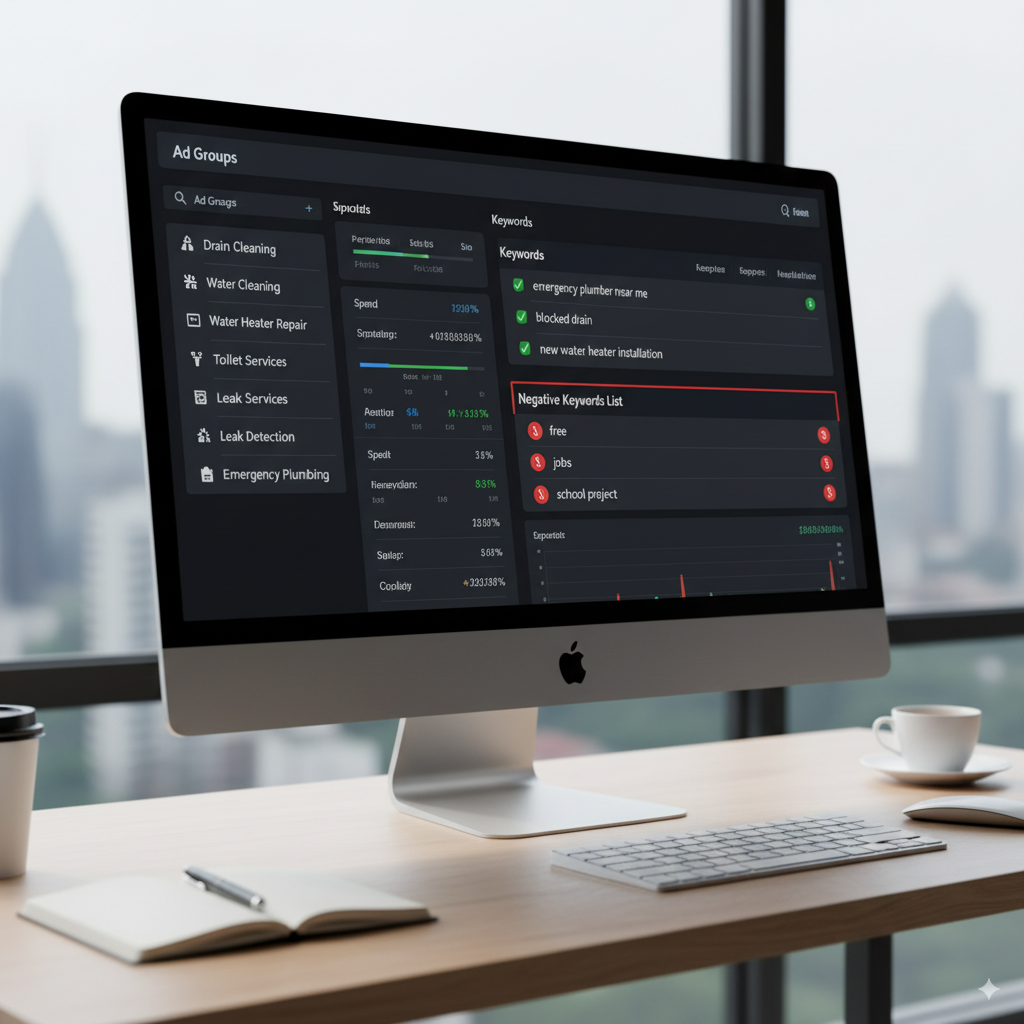 organized campaign dashboard with labeled ad groups An organized campaign dashboard with labeled ad groups like “Drain Cleaning” and “Water Heater Repair,” alongside a blocked list of negative keywords.