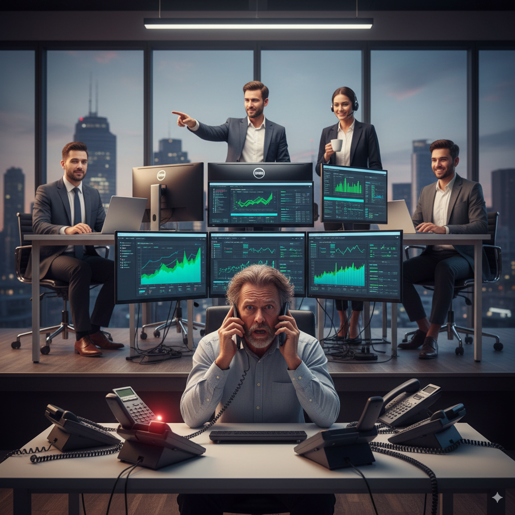 busy business owner drowning in ringing phones A busy business owner drowning in ringing phones, while a professional PPC agency team handles charts, dashboards, and campaign setups behind them.