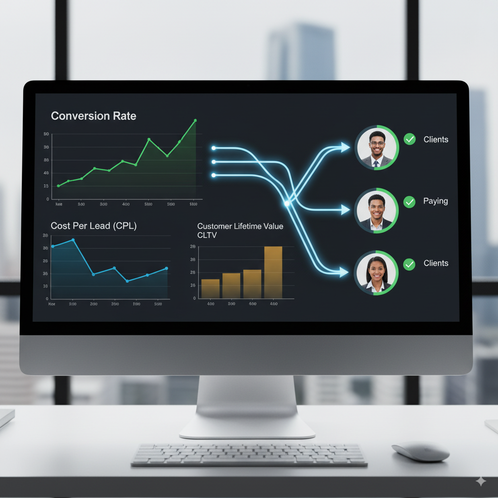 dashboard with graphs for conversion rate A dashboard with graphs for conversion rate, cost per lead, and customer lifetime value, connected with arrows to paying clients.