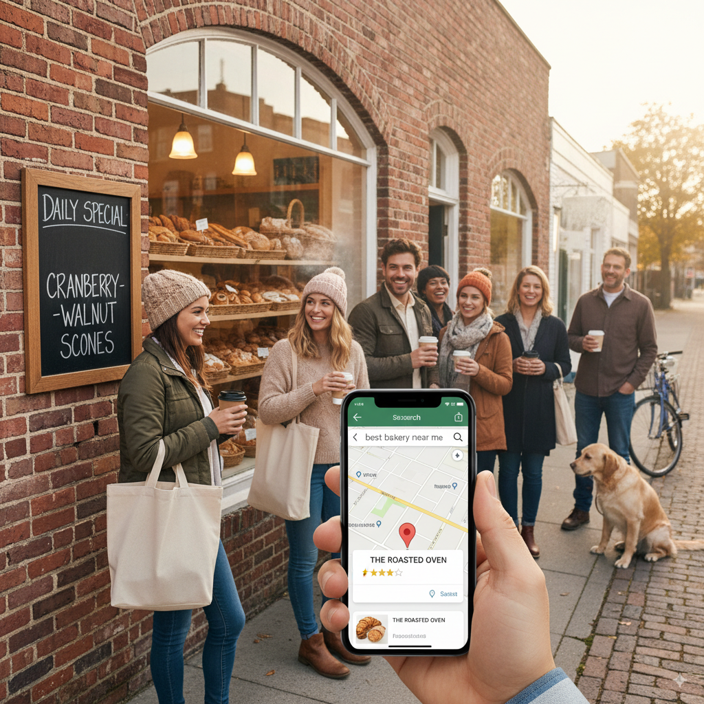 small-town bakery with happy local customers lined up outside A small-town bakery with happy local customers lined up outside, showing a cozy community vibe. A smartphone in the foreground displaying “best bakery near me” with the same shop highlighted.
