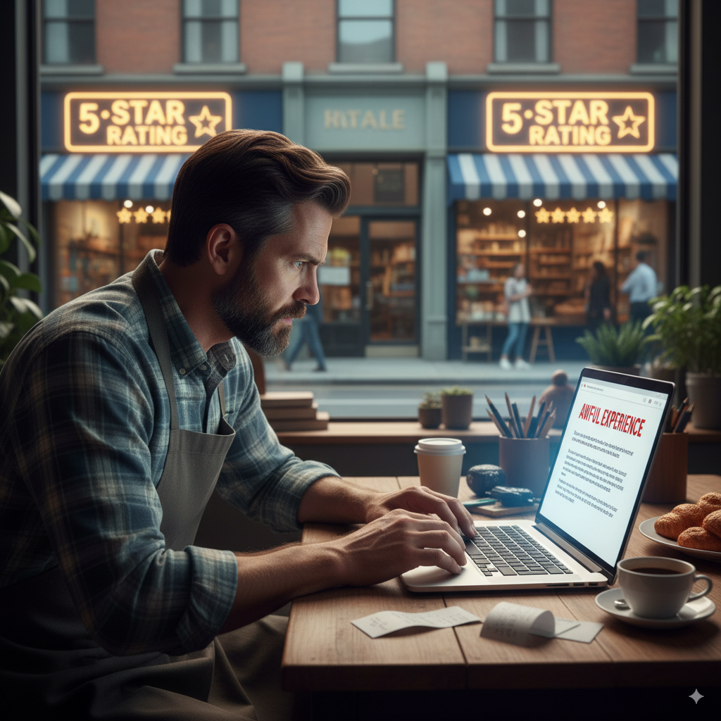 frustrated business owner looking at a bad online review A frustrated business owner looking at a bad online review on their laptop. Background shows competing shops with glowing “5-star ratings.”