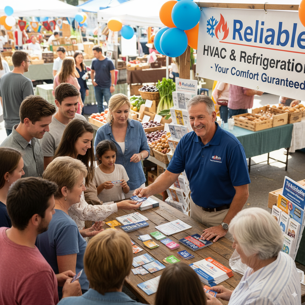 booth at a farmers’ market with a smiling HVAC service owner A booth at a farmers’ market with a smiling HVAC service owner handing out free fridge magnets, surrounded by curious visitors.